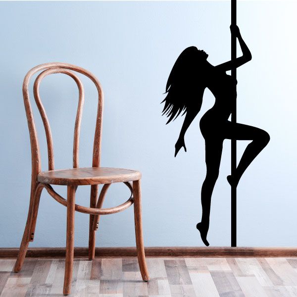 Pole dancer wall decal, black silhouette on pole with raised arms