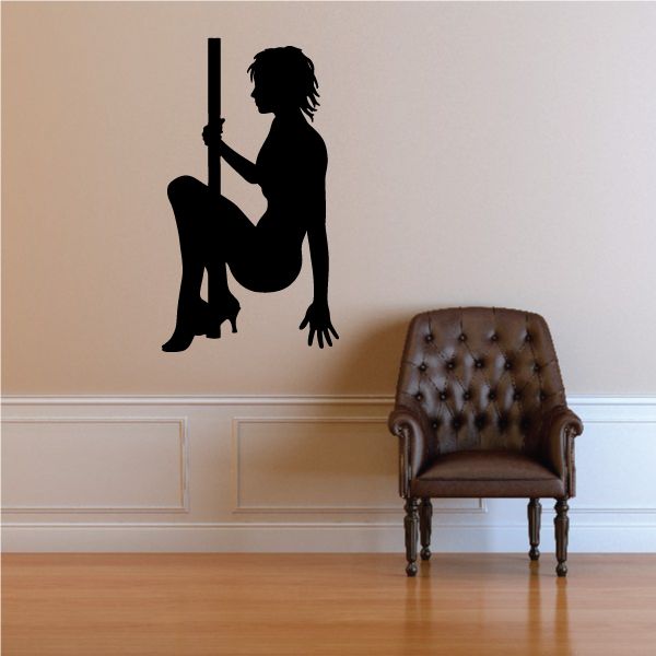 Pole dancer decal, black silhouette on pole with bent-leg pose