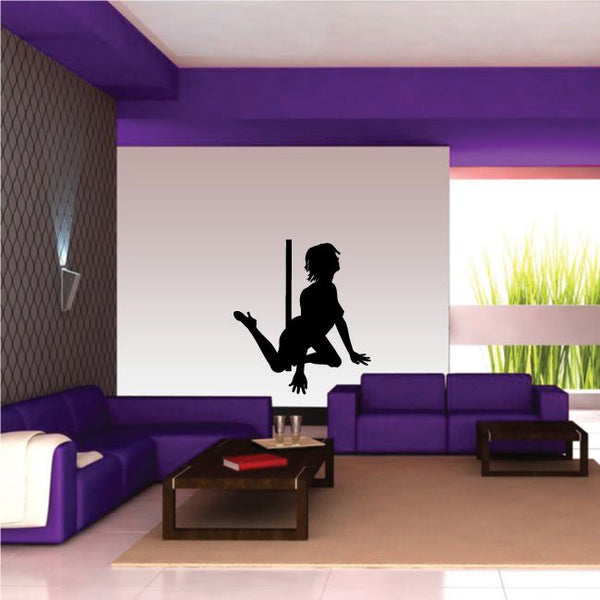 Black pole dancer in heels crawling wall decal, female silhouette with pole