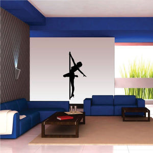 Pole dancer decal: black silhouette nude woman in heels dancing on pole