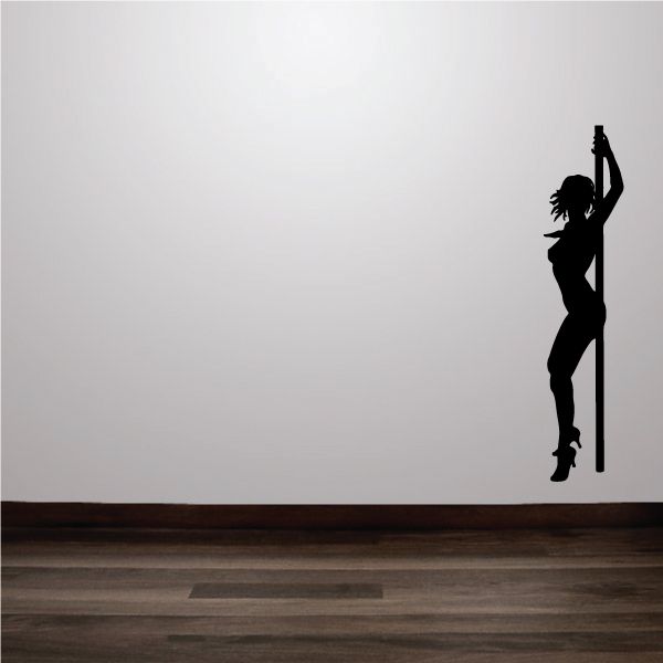 Silhouette pole dancer wall decal with heels, posed on a pole
