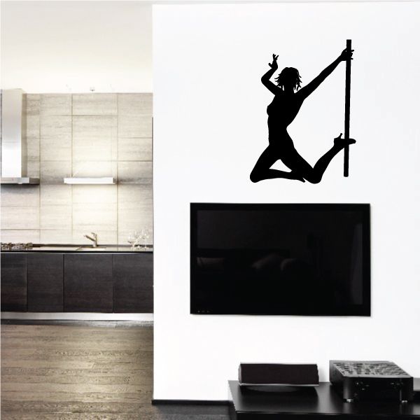 Silhouette pole dancer decal with heels, gripping pole, mid-leap pose