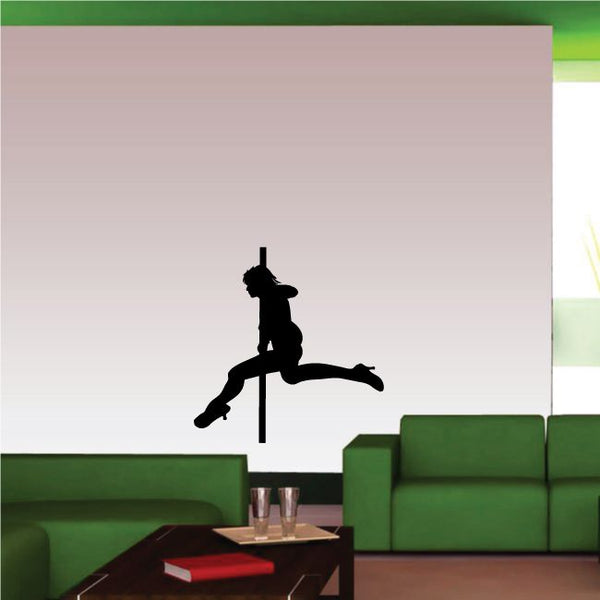 Silhouette pole dancer wall decal with heels and prancing pose on pole