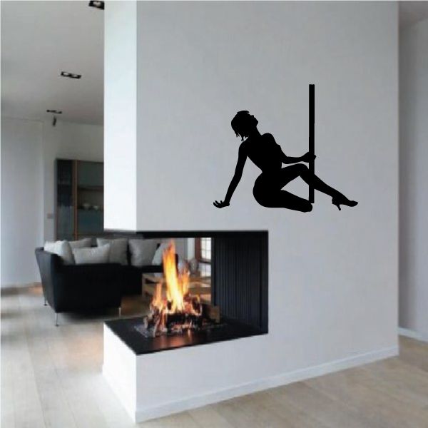 Pole dancer decal: black silhouette nude woman sitting on pole in heels