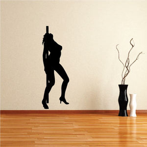 Nude pole dancer wall decal silhouette in heels with arched back and pole