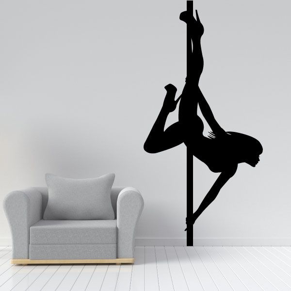 Black pole dancer silhouette decal, nude figure leaning on pole, looking up
