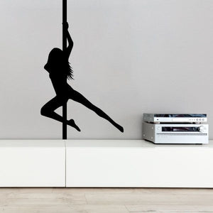 Pole dancer spinning wall decal, black silhouette on light wall