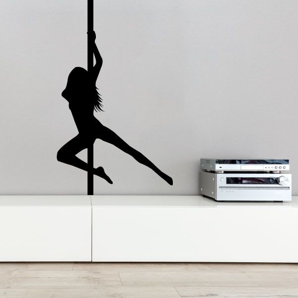 Pole dancer spinning wall decal, black silhouette on light wall
