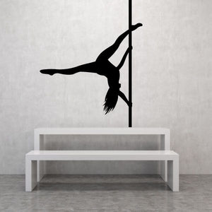 Black upside-down pole dancer wall decal with pole silhouette