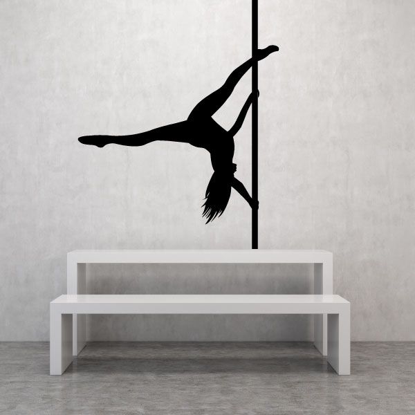 Black upside-down pole dancer wall decal with pole silhouette