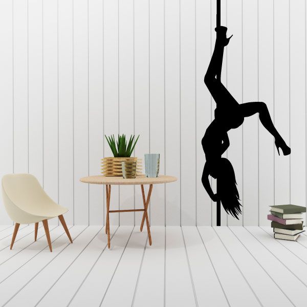 Pole dancer wall decal with black silhouette of upside-down hanging dancer