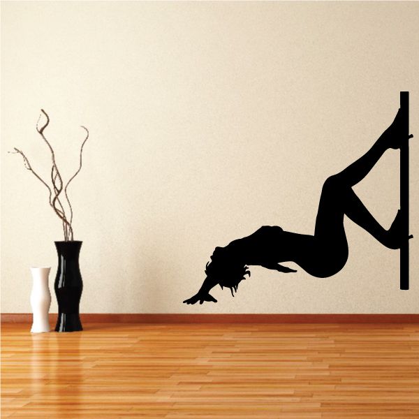 Pole dancer wall decal, black silhouette with nude pose and metal pole