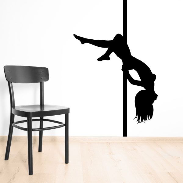 Black upside-down pole dancer wall decal silhouette on pole