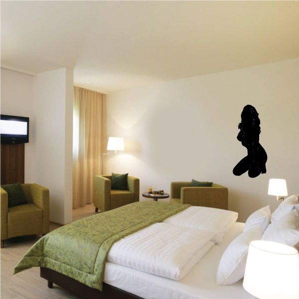 Kneeling woman silhouette wall decal, dark nude figure outline
