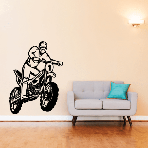 Dirt bike decal with rider, number 1, black and white