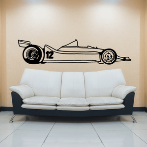 Race car number 12 wall decal drawing in black and white