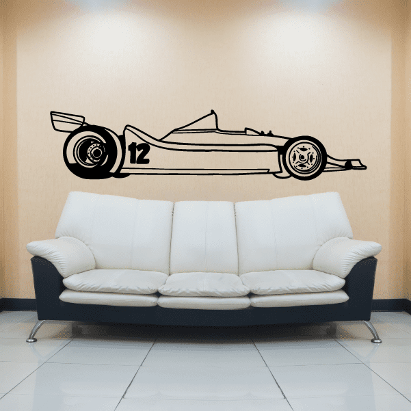 Race car number 12 wall decal drawing in black and white