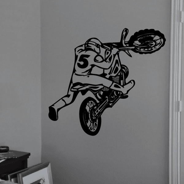 Dirt bike decal with motocross rider and large number 5, black outline