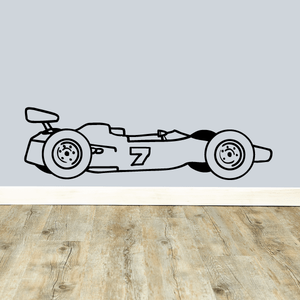 Race car drawing decal with number 7 on a white car outline