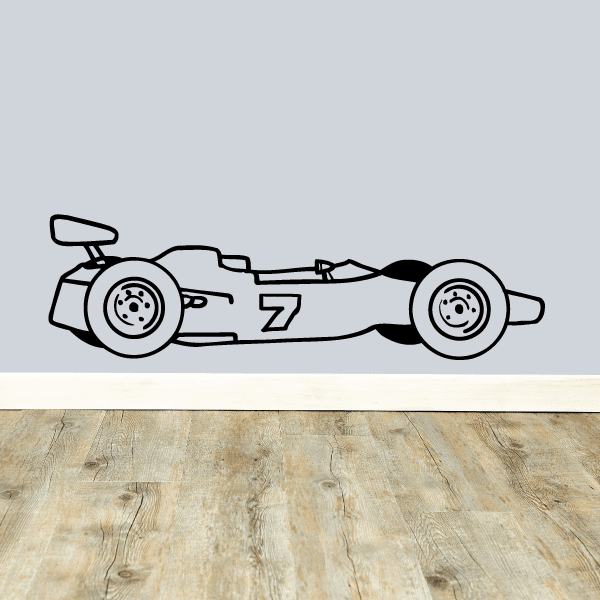 Race car drawing decal with number 7 on a white car outline