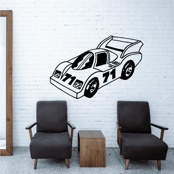 Race car wall decal with number 71, black-and-white illustrated vehicle design