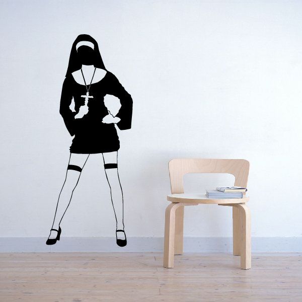 Nun in short dress wall decal, black silhouette with cross pendant