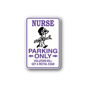 Nurse parking only sticker with purple border, text, and nurse icon