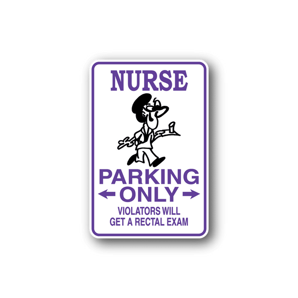 Nurse parking only sticker with purple border, text, and nurse icon