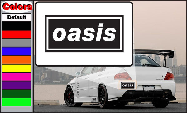 Oasis decal sticker, rectangular white label with black border and 'oasis' text