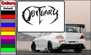 Obituary decal with bold black gothic logo lettering