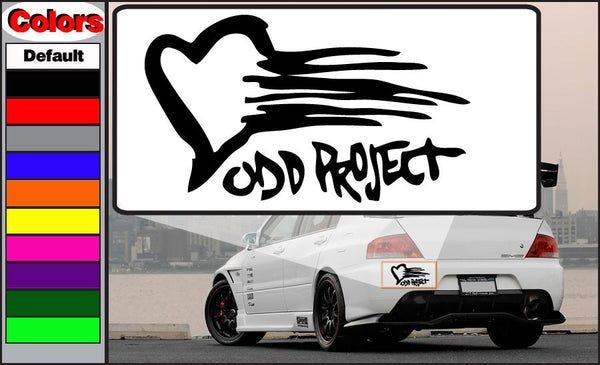 Odd Project decal with rectangular black logo graphic on white backing