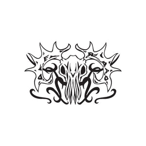 Animal skull decal with spiked flames and tribal lettering, black outline on light background