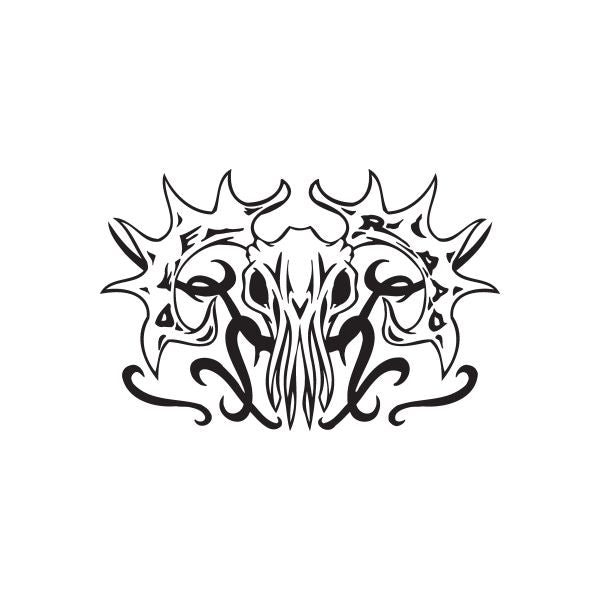Animal skull decal with spiked flames and tribal lettering, black outline on light background