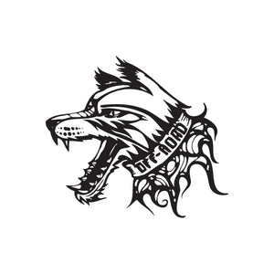 Off-road barking dog decal, black and white snarling dog head side profile