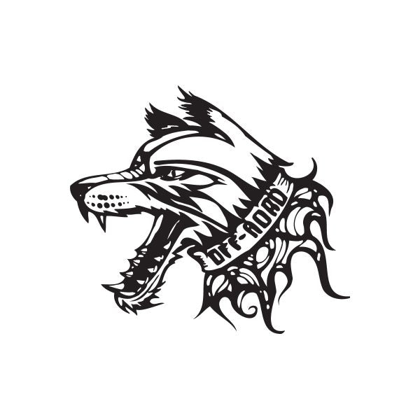 Off-road barking dog decal, black and white snarling dog head side profile