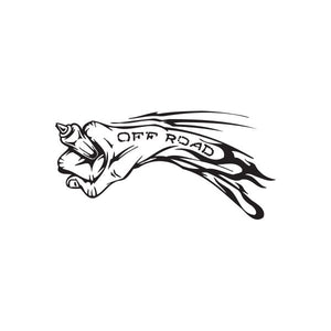 Off-road fist decal with brass knuckles, black flame swoosh, and OFF ROAD text