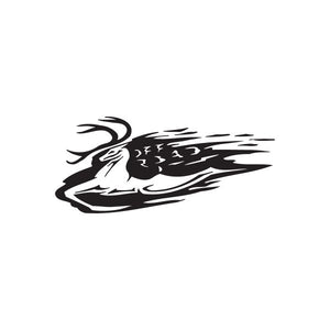 Off-road deer decal in black with white outline and flame-style accents