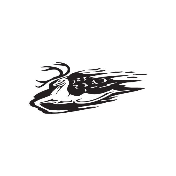 Off-road deer decal in black with white outline and flame-style accents