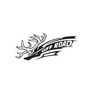 Deer head decal with flame accents and “OFF ROAD” text, black/white
