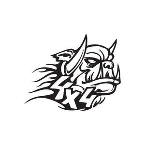 Off-road demon head decal with flame and checkered accents
