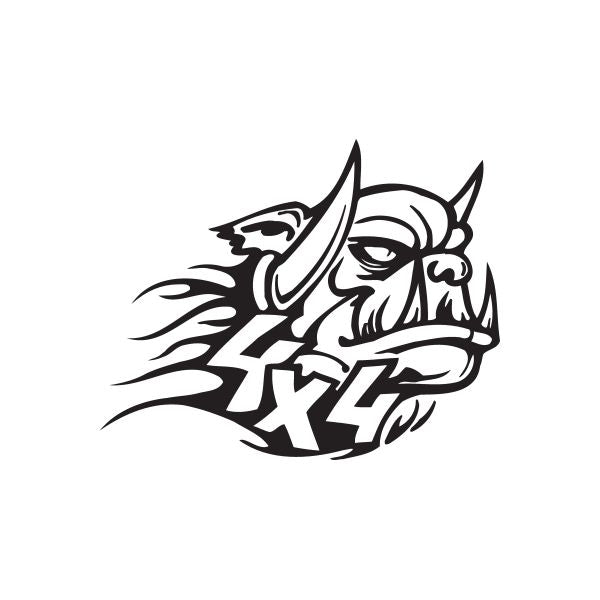 Off-road demon head decal with flame and checkered accents