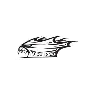 Off-road demon decal with flame graphic and black lettering