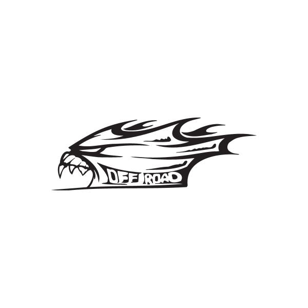Off-road demon decal with flame graphic and black lettering
