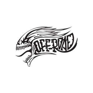 Demon mouth off-road decal with skull teeth and flame-style tribal lettering, black and white