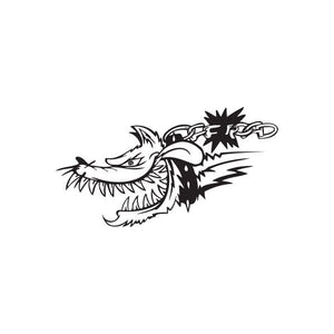 Off-road dog decal with black-and-white line art dog holding chains