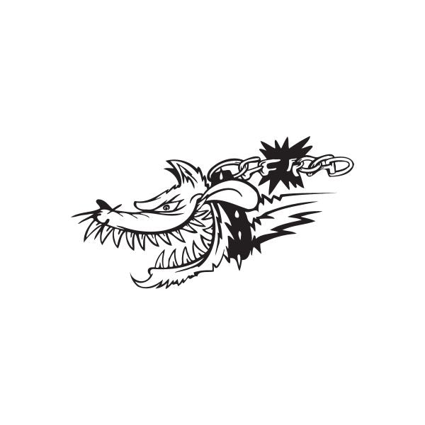 Off-road dog decal with black-and-white line art dog holding chains