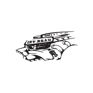 Off-road engine decal with off road logo and cartoon engine, black and white