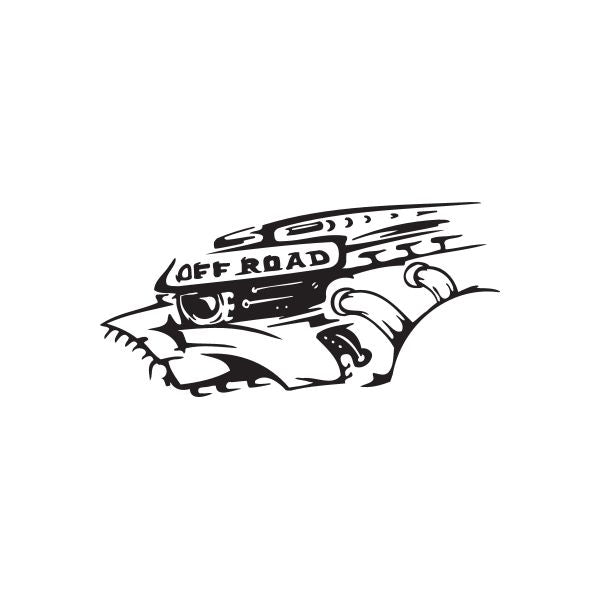 Off-road engine decal with off road logo and cartoon engine, black and white