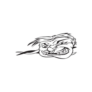 Off-road face decal of cartoon rider with goggles, black-and-white line art