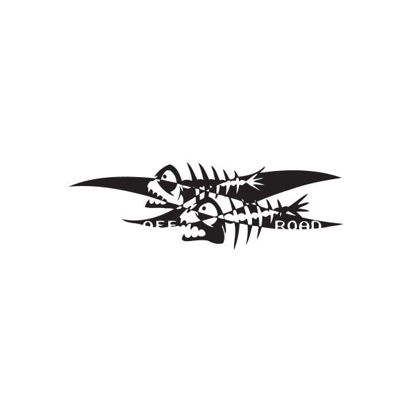Fish bones off-road vehicle decal, black and white skull-style skeleton graphic